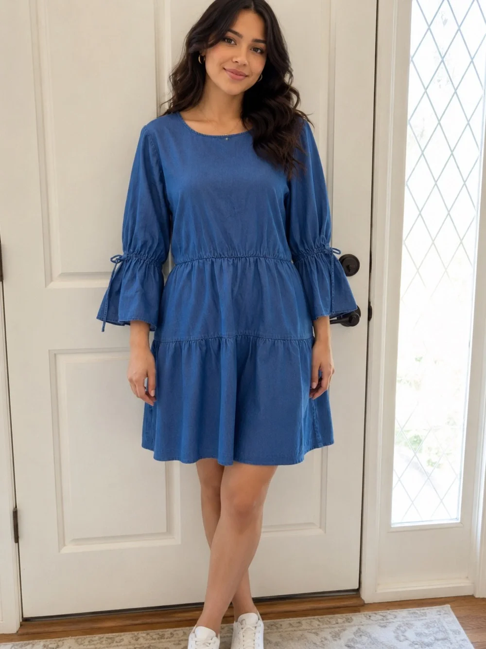 J Crew Blue Tiered Casual Dress with Tie-Sleeves